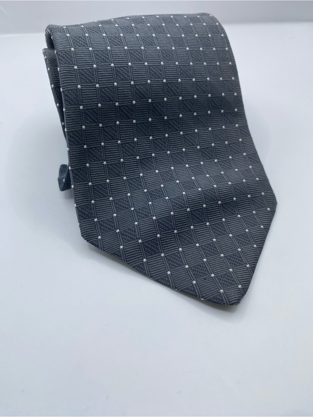 Brooks Brothers Gray Silk Grid Tie with White Dot Accents